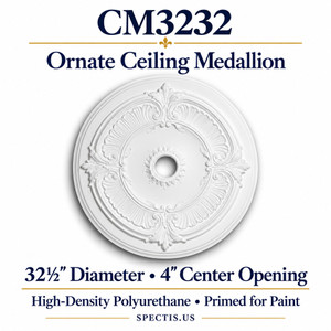 CM3232 ornate ceiling medallion, white primed high-density polyurethane; 32½" Diameter • 4" Center Opening. Product illustration.