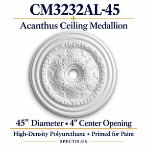 CM3232AL-45 acanthus ceiling medallion, white primed high-density polyurethane; 45" Diameter • 4" Center Opening. Product illustration.