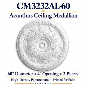 CM3232AL-60 acanthus ceiling medallion, white primed high-density polyurethane; 60" Diameter • 4" Opening • 3 Pieces. Product illustration.