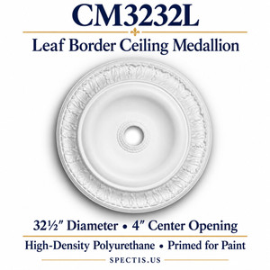 CM3232L leaf border ceiling medallion, white primed high-density polyurethane; 32½" Diameter • 4" Center Opening. Product illustration.