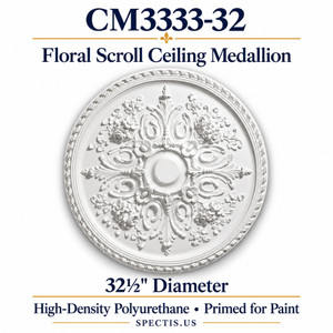 CM3333-32 floral scroll ceiling medallion, white primed high-density polyurethane; 32½" Diameter. Product illustration.