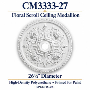 CM3333-27 floral scroll ceiling medallion, white primed high-density polyurethane; 26½" Diameter. Product illustration.