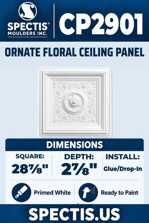 Spectis CP2901 ornate floral ceiling panel, 28 7/8 inch square, 2 7/8 inch depth, primed polyurethane
