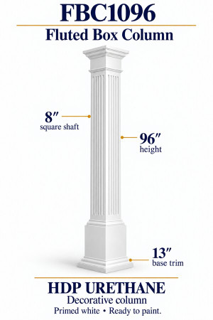 FBC1096 Fluted Box Decorative Column – 8″ square shaft × 96″ H – HDP urethane