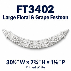FT3402 Large Floral & Grape Festoon; 30½″ W × 7¾″ H × 1⅛″ P; Primed White