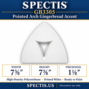 GB3305 Pointed Arch Gingerbread Accent, 7⅝ inches wide x 7⅝ inches high x 1⅛ inches thick, primed white high-density polyurethane