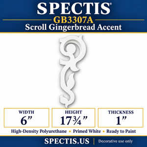 GB3307A Scroll Gingerbread Accent, 6 inches wide x 17¾ inches high x 1 inches thick, primed white high-density polyurethane