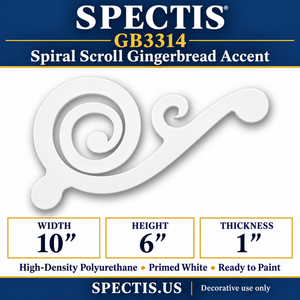 GB3314 Spiral Scroll Gingerbread Accent, 10 inches wide x 6 inches high x 1 inches thick, primed white high-density polyurethane