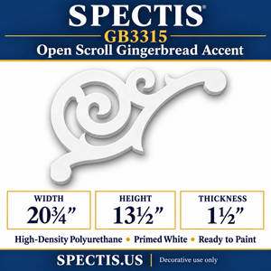 GB3315 Open Scroll Gingerbread Accent, 20¾ inches wide x 13½ inches high x 1½ inches thick, primed white high-density polyurethane