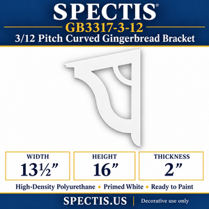 GB3317-3-12 3/12 Pitch Curved Gingerbread Bracket, 13½ inches wide x 16 inches high x 2 inches thick, primed white high-density polyurethane