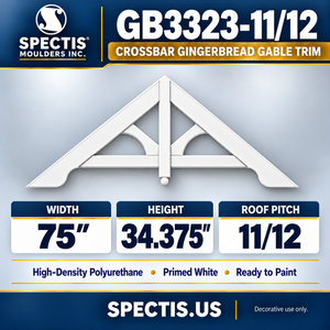 GB3323-11/12 Crossbar Gingerbread Gable Trim, 75 inches wide x 34.375 inches high, 11/12 roof pitch, primed white polyurethane