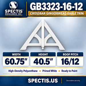 GB3323-16/12 Crossbar Gingerbread Gable Trim, 60.75 inches wide x 40.5 inches high, 16/12 roof pitch, primed white polyurethane