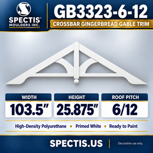 GB3323-6/12 Crossbar Gingerbread Gable Trim, 103.5 inches wide x 25.875 inches high, 6/12 roof pitch, primed white polyurethane