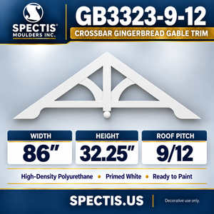 GB3323-9/12 Crossbar Gingerbread Gable Trim, 86 inches wide x 32.25 inches high, 9/12 roof pitch, primed white polyurethane