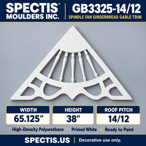 GB3325-14/12 Spindle Fan Gingerbread Gable Trim, 65.125 inches wide x 38 inches high, 14/12 roof pitch, primed white polyurethane
