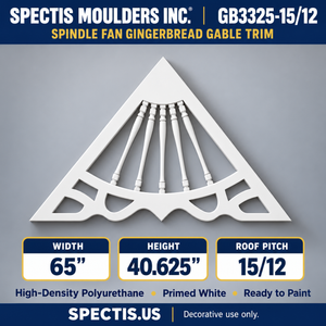 GB3325-15/12 Spindle Fan Gingerbread Gable Trim, 65 inches wide x 40.625 inches high, 15/12 roof pitch, primed white polyurethane