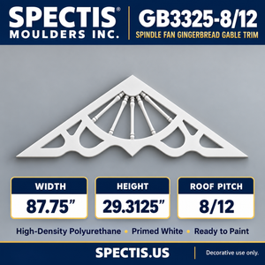 GB3325-8/12 Spindle Fan Gingerbread Gable Trim, 87.75 inches wide x 29.3125 inches high, 8/12 roof pitch, primed white polyurethane