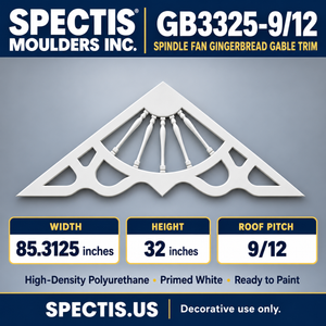 GB3325-9/12 Spindle Fan Gingerbread Gable Trim, 85.3125 inches wide x 32 inches high, 9/12 roof pitch, primed white polyurethane