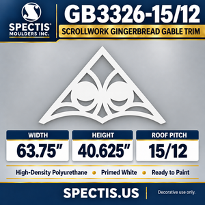 GB3326-15/12 Scrollwork Gingerbread Gable Trim, 63.75 inches wide x 40.625 inches high, 15/12 roof pitch, primed white polyurethane