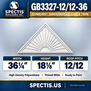 GB3327-12/12-36 Sunburst Gingerbread Gable Trim, 36¼ inches wide x 18⅛ inches high, 12/12 roof pitch, primed white HDP