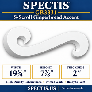 GB3331 S-Scroll Gingerbread Accent, 19¾ inches wide x 7⅞ inches high x 2 inches thick, primed white high-density polyurethane