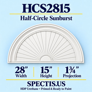 HCS2815 Half-Circle Sunburst — 28 inch width x 15 inch height x 1 3/4 inch projection — primed HDP urethane
