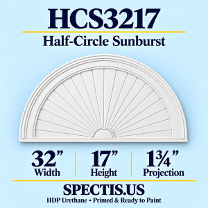 HCS3217 Sunburst — 32 inch width x 17 inch height x 1 3/4 inch projection — primed HDP urethane