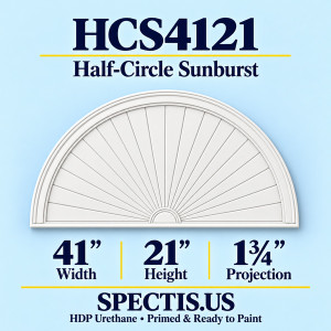 HCS4121 Sunburst — 41 inch width x 21 inch height x 1 3/4 inch projection — primed HDP urethane