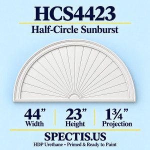 HCS4423 Sunburst — 44 inch width x 23 inch height x 1 3/4 inch projection — primed HDP urethane