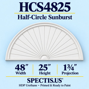 HCS4825 Sunburst — 48 inch width x 25 inch height x 1 3/4 inch projection — primed HDP urethane