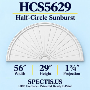 HCS5629 Sunburst — 56 inch width x 29 inch height x 1 3/4 inch projection — primed HDP urethane