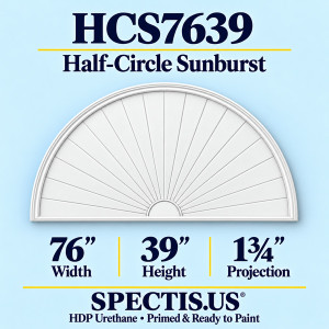 HCS7639 Sunburst — 76 inch width x 39 inch height x 1 3/4 inch projection — primed HDP urethane