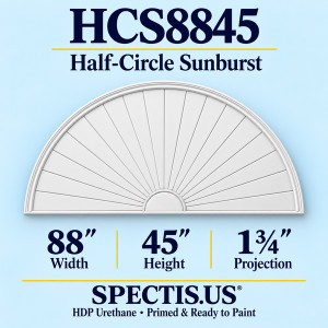 HCS8845 Sunburst — 88 inch width x 45 inch height x 1 3/4 inch projection — primed HDP urethane