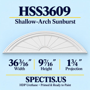 HSS3609 Sunburst — 36 3/16 inch width x 9 7/16 inch height x 1 3/4 inch projection — primed HDP urethane