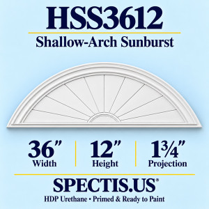HSS3612 Sunburst — 36 inch width x 12 inch height x 1 3/4 inch projection — primed HDP urethane