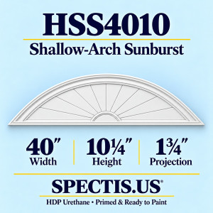 HSS4010 Sunburst — 40 inch width x 10 1/4 inch height x 1 3/4 inch projection — primed HDP urethane