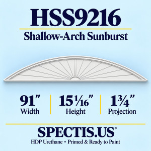 HSS9216 Sunburst — 91 inch width x 15 1/16 inch height x 1 3/4 inch projection — primed HDP urethane