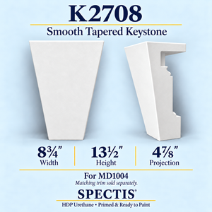 K2708 smooth tapered keystone in primed HDP urethane, front and side profile views; 8¾ inch W x 13½ inch H x 4⅞ inch P