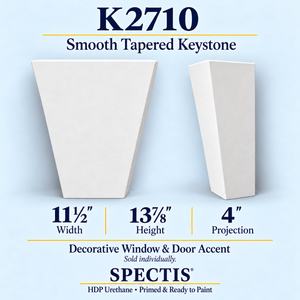 K2710 smooth tapered keystone in primed HDP urethane, front and side profile views; 11½ inch W x 13⅞ inch H x 4 inch P