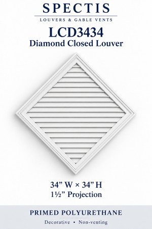 LCD3434 Diamond Closed Louver — 34″ W × 34″ H × 1½″ projection — decorative, non-venting