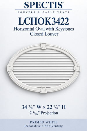 LCHOK3422 horizontal oval closed louver with keystones, primed white, decorative and non-venting