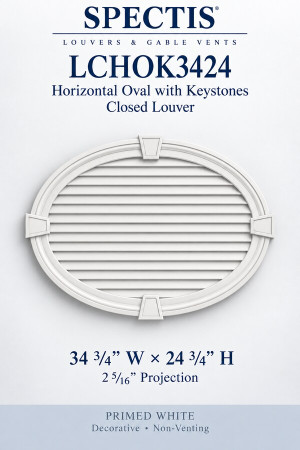 LCHOK3424 horizontal oval closed louver with keystones, primed white, decorative and non-venting