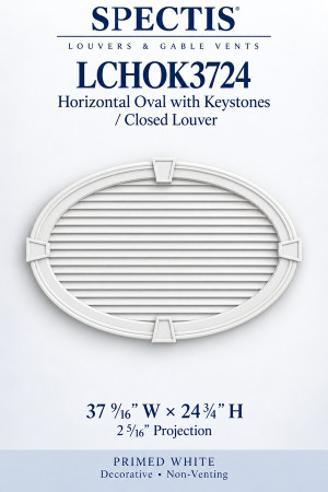 LCHOK3724 horizontal oval closed louver with keystones, primed white, decorative and non-venting