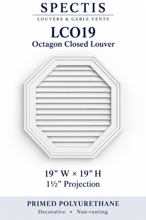 LCO19 Octagon Closed Louver — 19″ W × 19″ H × 1½″ projection — decorative, non-venting