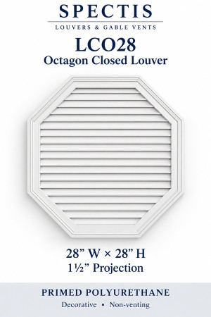 LCO28 Octagon Closed Louver — 28″ W × 28″ H × 1½″ projection — decorative, non-venting