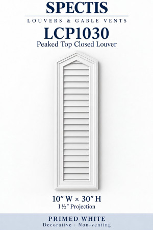 LCP1030 Peaked Top Closed Louver — 10″ W × 30″ H — Primed White — 1½″ projection; decorative, non-venting