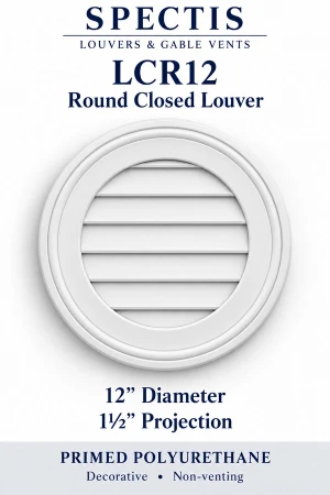LCR12 Round Closed Louver — 12″ W × 12″ H × 1½″ projection — decorative, non-venting