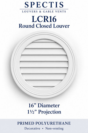 LCR16 Round Closed Louver — 16″ W × 16″ H × 1½″ projection — decorative, non-venting