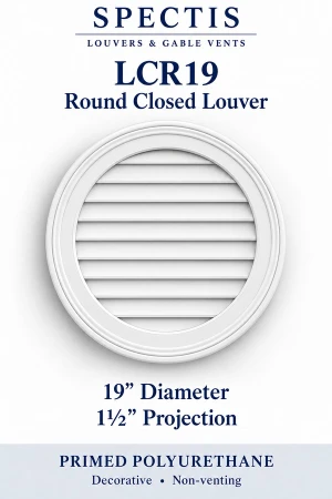 LCR19 Round Closed Louver — 19″ W × 19″ H × 1½″ projection — decorative, non-venting
