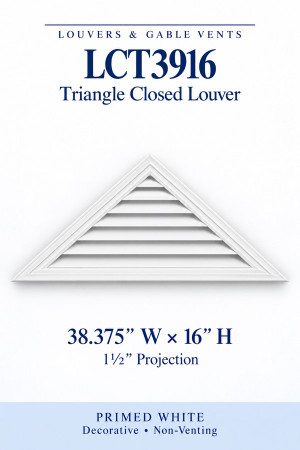 LCT3916 LCT3916 Triangle Closed Louver — 38 3/8″ W × 16″ H — Primed White, primed white, 38.375 inches wide by 16 inches high